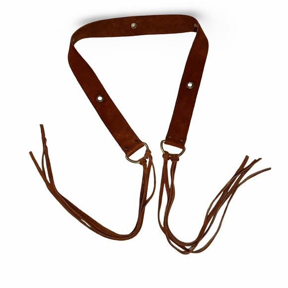 Vintage 70s Rust Suede Fringe D-Ring Tie Belt Brass Grommet Boho display picture 2